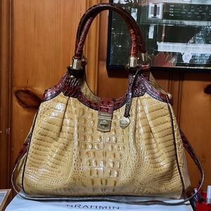 Brahmin Celia,large croc embossed leather shoulder bag,toasted almond,two tone